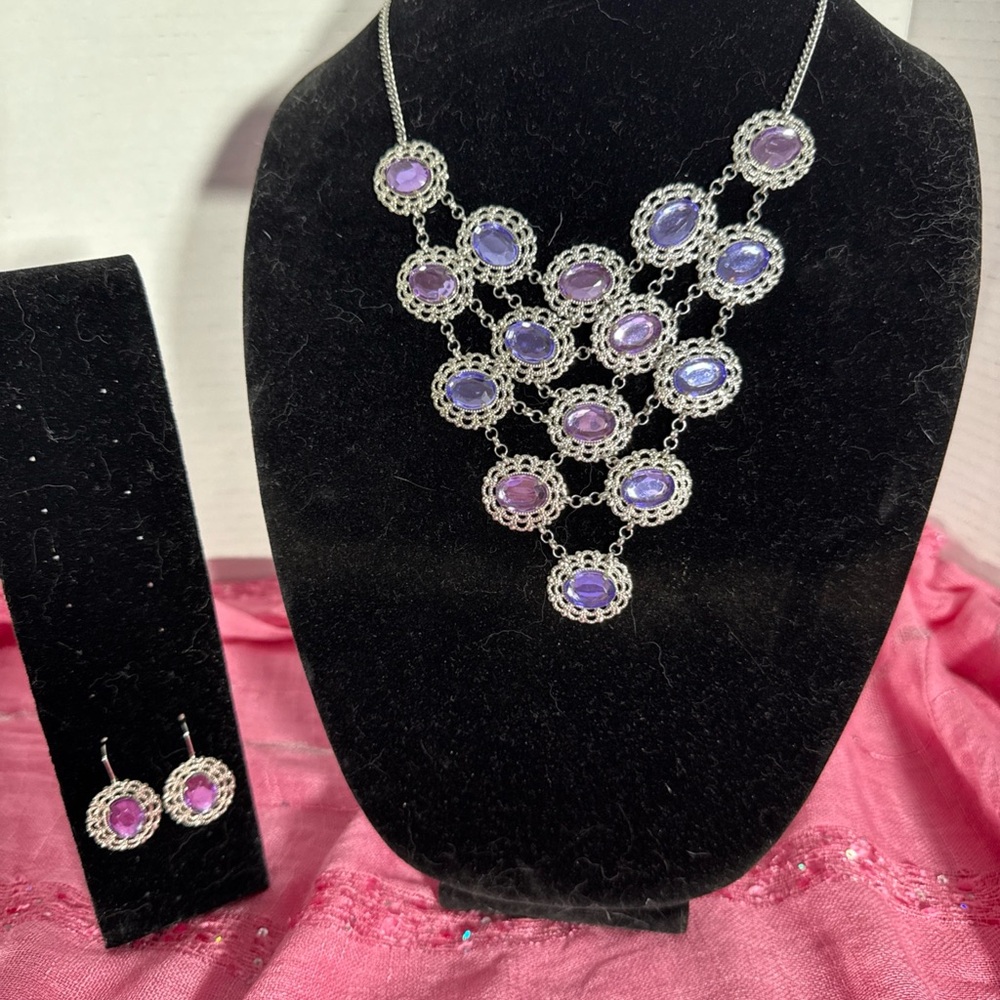 Elegant Silver and Purple Necklace and Earring Set